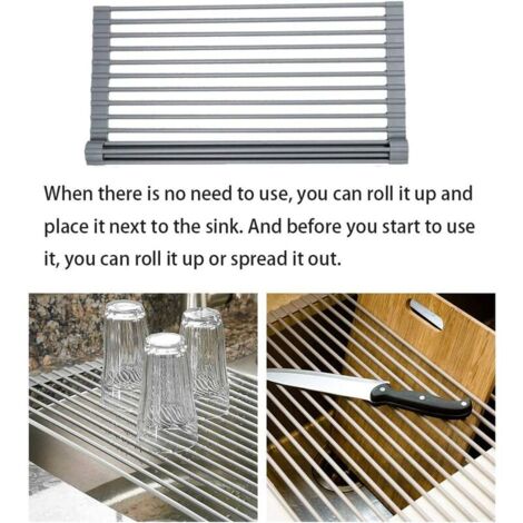 Séchoir à Vaisselle Enroulable, Égouttoir à Vaisselle Enroulable Égouttoir Grille Séchage, Séchoir à Vaisselle Roll-Up en Acier Inoxydable Pliable Évier Égouttoirs de Cuisine, 5232cm,