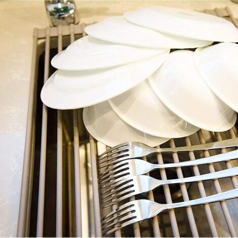 Séchoir à Vaisselle Enroulable, Égouttoir à Vaisselle Enroulable Égouttoir Grille Séchage, Séchoir à Vaisselle Roll-Up en Acier Inoxydable Pliable Évier Égouttoirs de Cuisine, 5232cm,