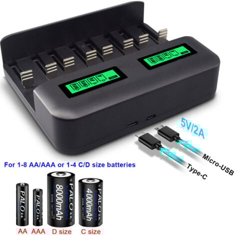 Chargeur de Piles Universel LCD, Chargeur Universel pour piles rechargeables AA/AAA/C/D Ni-MH/Ni-Cd avec Entrée USB，