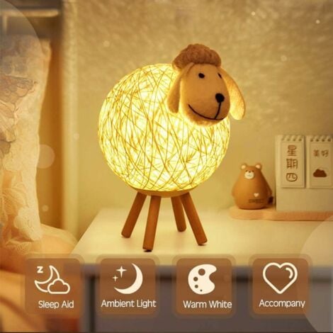 Veilleuse LED, Mouton Lampe de Chevet en Rotin, Veilleuse Enfant Projecteur, Lampe Nuit LED pour Chambre, Chambre Bébé, Salon, Cadeau, 110cm USB/Interrupteur Poussoir [Classe énergétique A++]