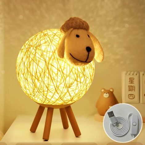 Veilleuse LED, Mouton Lampe de Chevet en Rotin, Veilleuse Enfant Projecteur, Lampe Nuit LED pour Chambre, Chambre Bébé, Salon, Cadeau, 110cm USB/Interrupteur Poussoir [Classe énergétique A++]