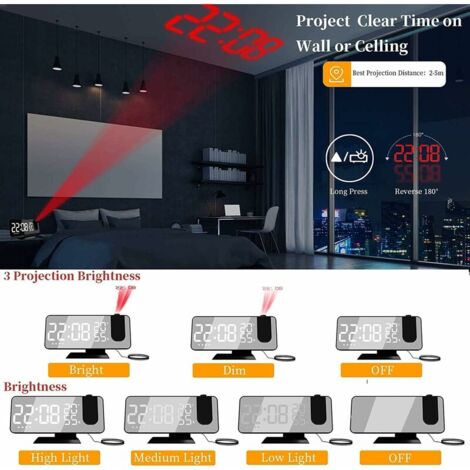 Reveil Projecteur avec Radio, Horloge Numérique, Radio Reveil USB avec Double Alarme et Écran Miroir LED de 7（caractères blancs）