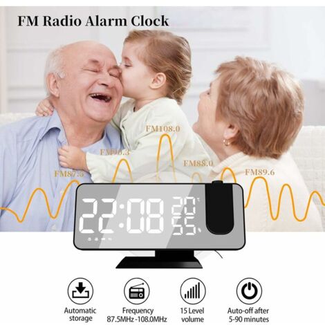 Reveil Projecteur avec Radio, Horloge Numérique, Radio Reveil USB avec Double Alarme et Écran Miroir LED de 7（caractères blancs）