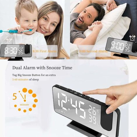 Reveil Projecteur avec Radio, Horloge Numérique, Radio Reveil USB avec Double Alarme et Écran Miroir LED de 7（caractères blancs）