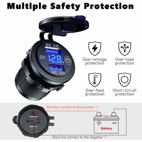 Chargeur Moto DIN QC3.0 + PD 30W Étanché IP66 – USB & Type-C, LED Indicateur, Allume-Cigare Moto 12-24V – Gokelomg