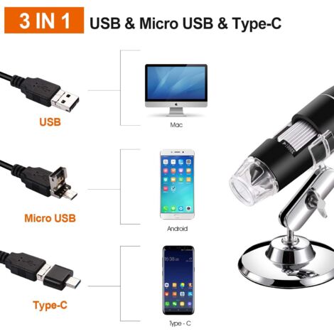Microscope numérique USB 40X à 1000X Caméra endoscope à grossissement 8 LED avec étui de transport et support en métal Compatible pour Android Windows 7 8 10