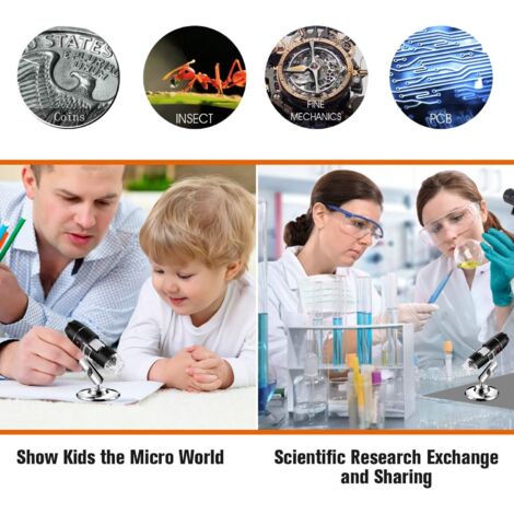 Microscope numérique USB 40X à 1000X Caméra endoscope à grossissement 8 LED avec étui de transport et support en métal Compatible pour Android Windows 7 8 10