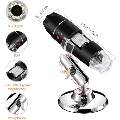 Microscope numérique USB 40X à 1000X Caméra endoscope à grossissement 8 LED avec étui de transport et support en métal Compatible pour Android Windows 7 8 10