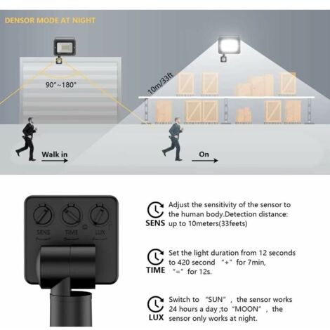 30W Projecteur LED Detecteur Mouvement Exterieur, 3000LM Spot Eclairage Exterieur avec Détecteur 3000K Blanc Chaud Lumiere Exterieur LED, Imperméable IP65 Sécurité Pour Chantier, Garage, Cour 13Treize
