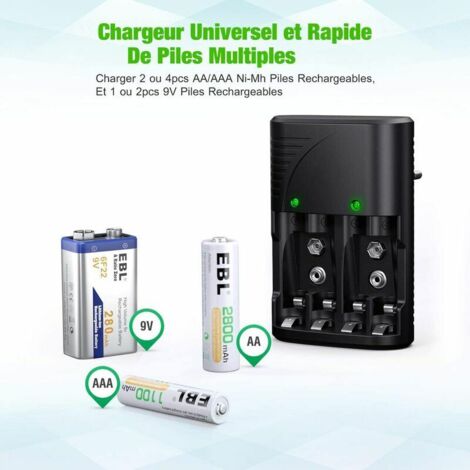 Universel Chargeur de Piles AA/AAA/9V, Rapide Chargeur 6802 pour AA/AAA NI-MH ou 9V Piles Rechargeables avec Indicateur LED, 100-240V Tension Mondiale，Superma