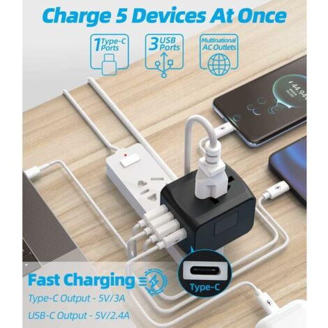 Adaptateur de voyage, adaptateur de prise universel avec ports USB de type C + 3 et prise secteur, prise d'adaptateur pour plusieurs pays