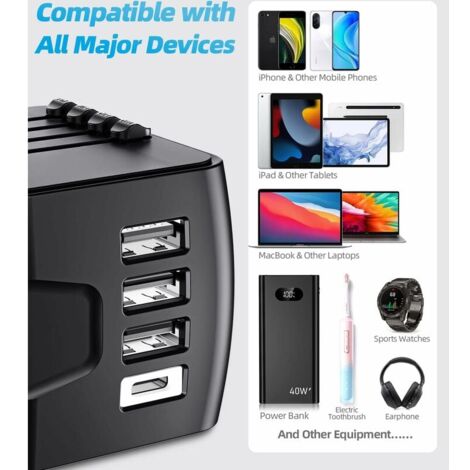 Adaptateur de voyage, adaptateur de prise universel avec ports USB de type C + 3 et prise secteur, prise d'adaptateur pour plusieurs pays