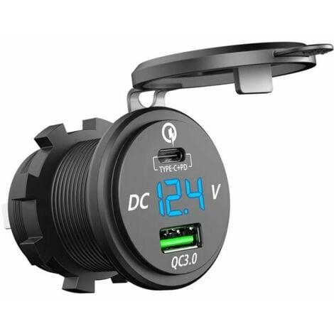 Chargeur Rapide USB C Voiture 12V / 24V QC 3.0 64W Double Prise Chargeur USB étanche avec LED Voltmètre pour Voiture Aarine Moto Bateau Caravane