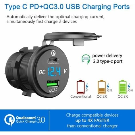 Chargeur Rapide USB C Voiture 12V / 24V QC 3.0 64W Double Prise Chargeur USB étanche avec LED Voltmètre pour Voiture Aarine Moto Bateau Caravane