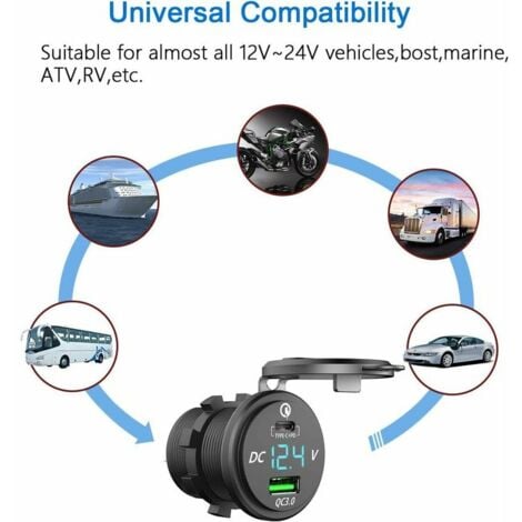 Chargeur Rapide USB C Voiture 12V / 24V QC 3.0 64W Double Prise Chargeur USB étanche avec LED Voltmètre pour Voiture Aarine Moto Bateau Caravane
