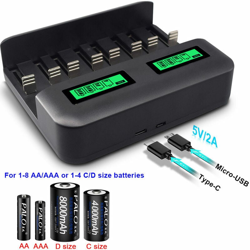 Chargeur de Piles Rechargeables AA/LR6, AAA/LR3, C/LR14, D/LR20, 9V, NiCd  et NiMh + ALCALINES - Ecran LCD Charge - Universel 4 Piles + 2 Ports USB