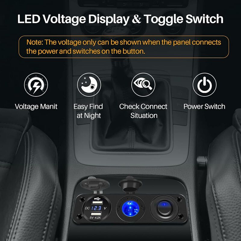 Thlevel Double panneau de prise de chargeur de voiture USB avec séparateur  de prise d'allume-cigarette 13V, voltmètre à LED et commutateur indépendant