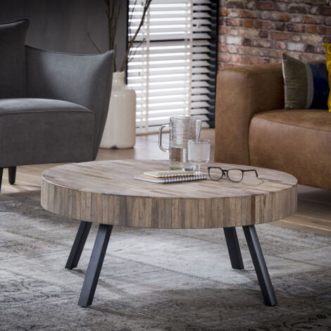 Table basse ronde industrielle en bois massif avec piétement métallique Barbara III (1/3)