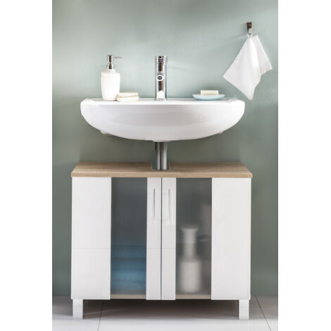 Meuble sous lavabo contemporain chêne/blanc Cathy (1/4)