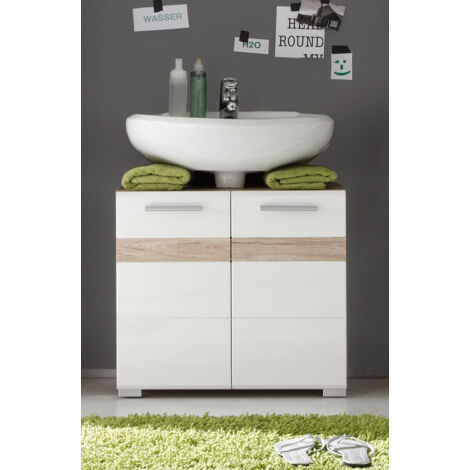 Meuble sous lavabo contemporain chêne clair/blanc brillant Corleone (1/4)
