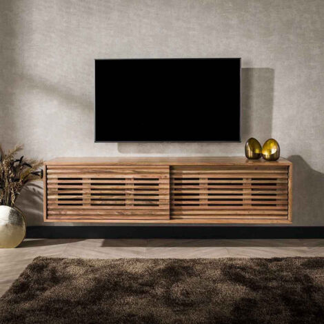 Meuble TV suspendu 150 cm style industriel en acacia massif naturel... (1/5)