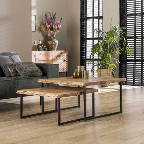 Ensemble de 2 tables basses industrielles en acacia massif naturel Marjorie (1/4)