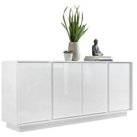 Les Tendances – Buffet 4 portes blanc laqué brillant 180x78x43 cm – Panneaux mélaminés – Charnières métal – Rangement moderne et élégant