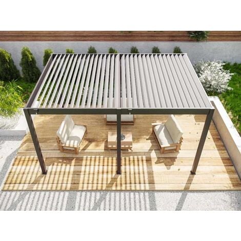 Pergola Bioclimatique Aluminium Autoportee 19m2 - 3,6x5,3m Gris - ECLIPSE - Lames Orientables de 0 à 120°