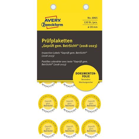 120x Prüfplaketten Geprüft gem. BetrSichV 2018-2023 20mm Gelb Folie (1/4)