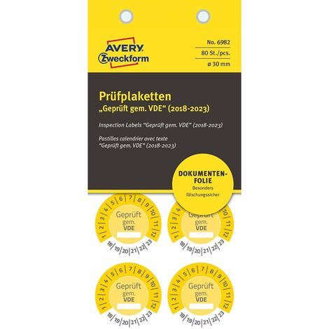 80x Prüfplaketten Geprüft gem. VDE 2018-2023 30mm Gelb Folie (1/4)