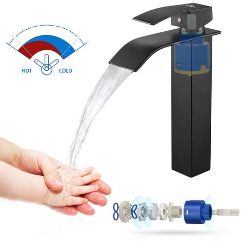 Auralum Mitigeur Lavabo Cascade Noir Moderne pour Vasque à Poser Robinet pour Lavabo et Vasque Hauteur 273mm Salle de Bain Robinetterie Mitigeur Eau et Froide