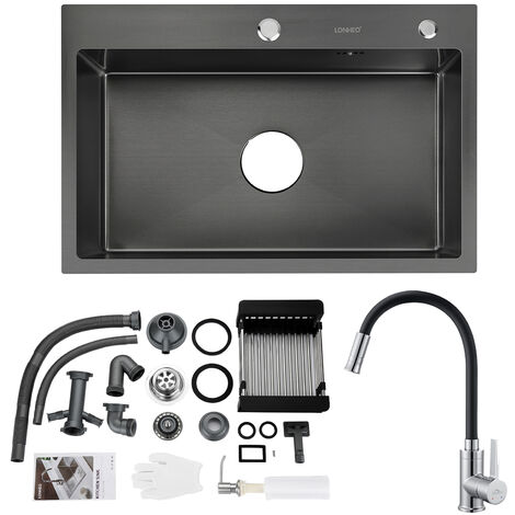 Lonheo Évier Cuisine 1 Bac 68x45x19CM + Robinet de Cuisine Rotatif 360° avec Tuyau Noir en Silicone, Évier à Encastrer en Inox avec Distributeur de savon et égouttoir panier