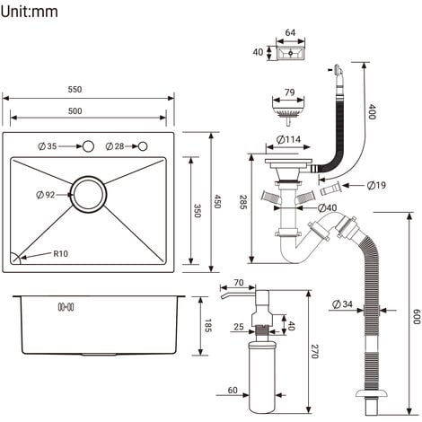 Évier Cuisine 1 Bac 55x45CM Évier à encastrer avec Distributeur de Savon, Siphon et Trop-Plein Évier en Inox Brossé pour Table à partir de 60 cm