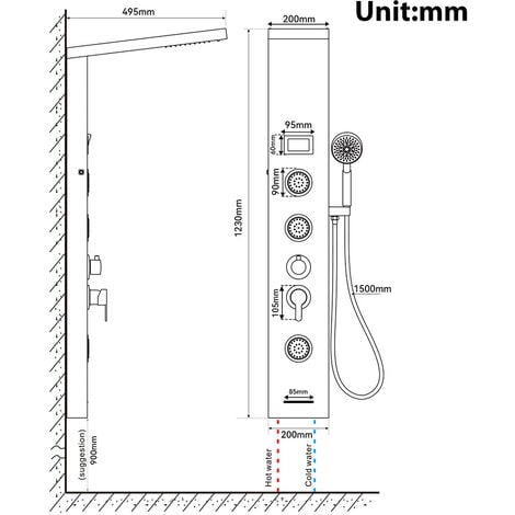 AuraLum Panneau de Douche LED LCD Indicateur de température Colonne de Douche Hydromassante Panneau de Douche en Acier Inox Brossé avec 3 Jets de Massage pour Salle de bain