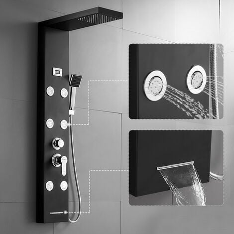Panneau de Douche hydromassante Noir 4 modes de douche Colonne de douche en Acier Inoxydable Kit Ensemble de Douche cascade avec écran Affichage LCD pour Salle de Bain
