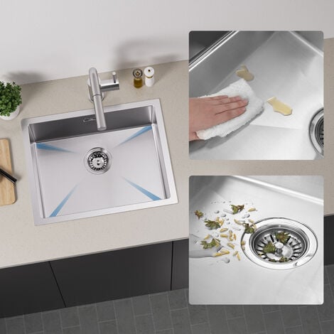 Auralum Évier Cuisine 1 Bac 55x44x19CM Évier Brossé en Acier Inoxydable 304 avec Trop-Plein et Système de Drainage, Évier Montage à Encastrer, à Fleur ou Sous plan
