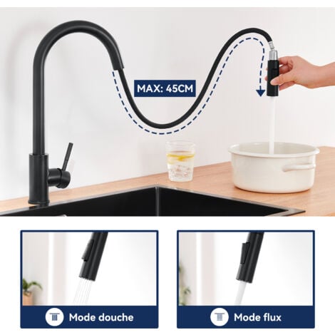 Lonheo Robinet de Cuisine Noire avec 2 Fonctions Douchette Extractible Mitigeur Cuisine Rotatif à 360° en Acier Inoxydable