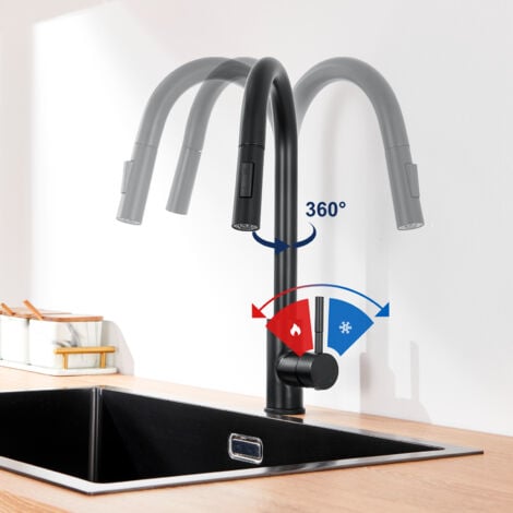 Lonheo Robinet de Cuisine Noire avec 2 Fonctions Douchette Extractible Mitigeur Cuisine Rotatif à 360° en Acier Inoxydable