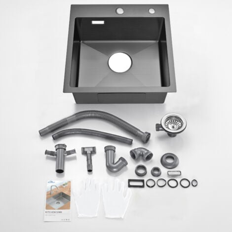 Auralum Évier 1 Bac 45x45x19 CM Évier Cuisine en Inox avec Système de Drainage Évier Noir Montage à Encastrer ou à Fleur pour table à partir de 50 cm