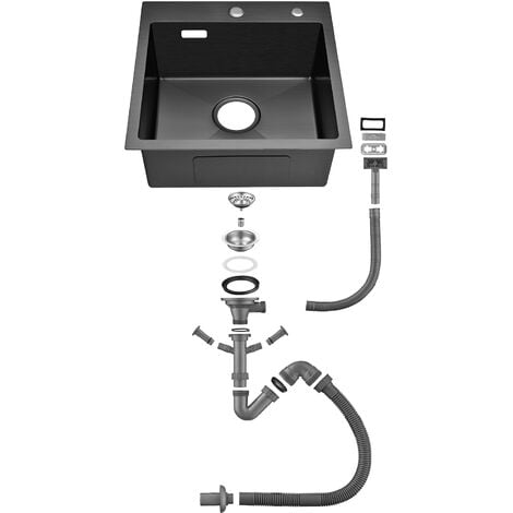 Auralum Évier Cuisine 45x45x19 CM Évier 1 Bac Noir en Acier Inox Évier à Encastrer avec Système de Drainage, Pour meuble de 50cm