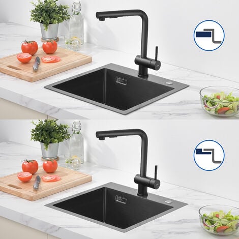 Auralum Évier Cuisine 45x45x19 CM Évier 1 Bac Noir en Acier Inox Évier à Encastrer avec Système de Drainage, Pour meuble de 50cm