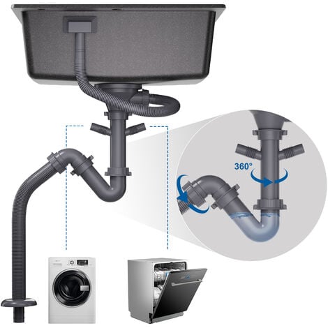 Auralum Évier 1 Bac 55x45x20CM Évier Noir en pierre de quartz avec Trop-Plein et Ensemble de Drainage, Évier à Encastrer pour meuble de 60 cm