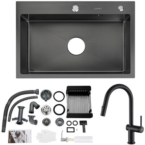 Lonheo Évier Cuisine 1 Bac 68x45x19CM + Robinet de Cuisine avec Douchette Extractible Noir mat, Évier à Encastrer en Inox avec Distributeur de savon et égouttoir panier