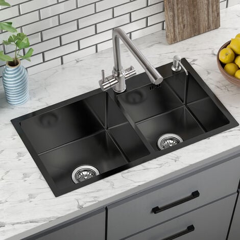Auralum Évier Cuisine 2 Bacs 75x45x19CM Évier à Encastrer en Acier Inoxydable Évier Noir avec Distributeur de savon et Ensemble de Drainage