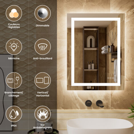 Miroir LED Salle de Bain 80x60cm Miroir Lumineux Mural avec Anti-buée, 3 Couleurs de lumière, Interrupteur Tactile