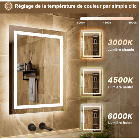 Miroir LED Salle de Bain 80x60cm Miroir Lumineux Mural avec Anti-buée, 3 Couleurs de lumière, Interrupteur Tactile