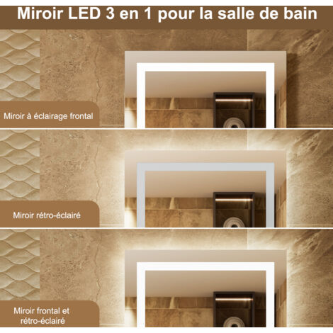 Miroir LED Salle de Bain 80x60cm Miroir Lumineux Mural avec Anti-buée, 3 Couleurs de lumière, Interrupteur Tactile