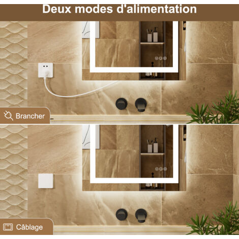 Miroir LED Salle de Bain 80x60cm Miroir Lumineux Mural avec Anti-buée, 3 Couleurs de lumière, Interrupteur Tactile