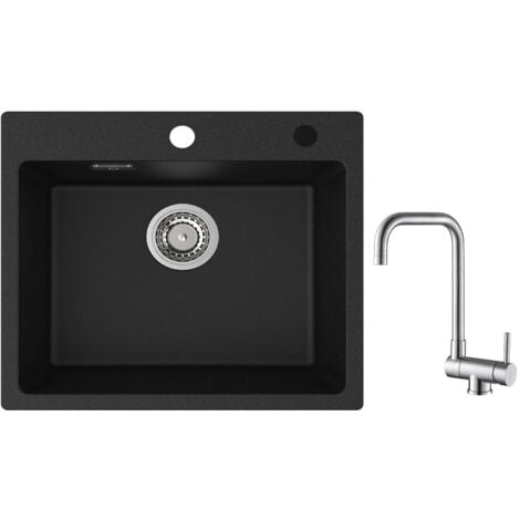 Cecipa Evier 1 Bac Quartz Noir 50x45cm Evier de Cuisine en Quartz Evier de Cuisine en Granit + Robinet Cuisine Rabattable Mitigeur de Evier Repliable Brossé