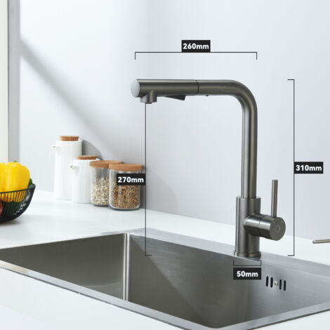 CECIPA Mitigeur Cuisine avec Douchette Extractible Robinet Cuisine avec 2 Types de Jets Mitigeur Évier en Acier Inoxydable, Rotatif 360°, Gris Noir